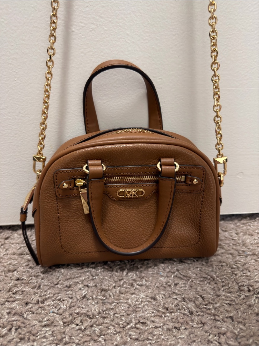 MICHAEL KORS Brown Pebbled Mini Crossbody Satchel Gold Chain Strap Zip, Small